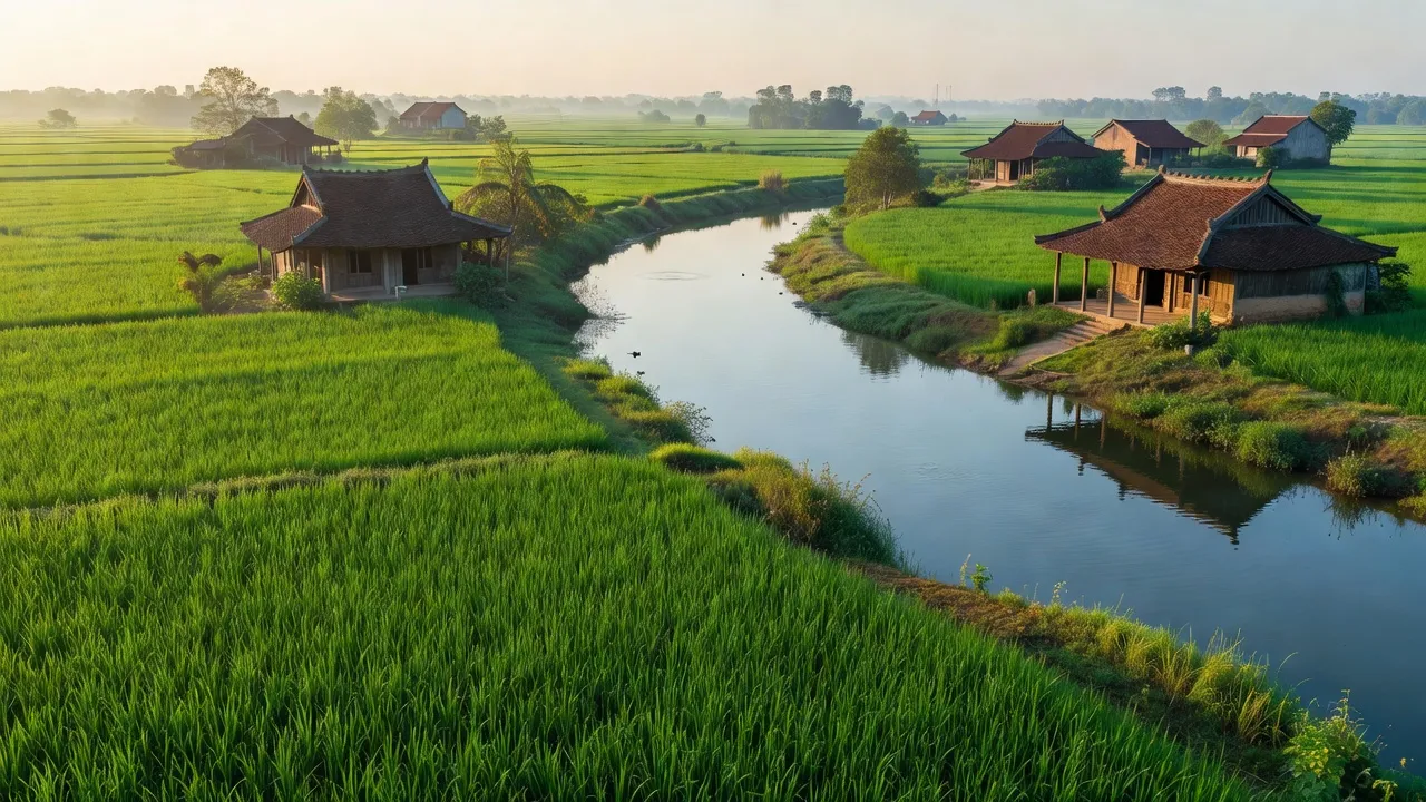 Cảnh quan Xã Liêm Hải, huyện Trực Ninh với đồng xanh và sông Ninh Cơ, thể hiện cuộc sống nông thôn Việt Nam.