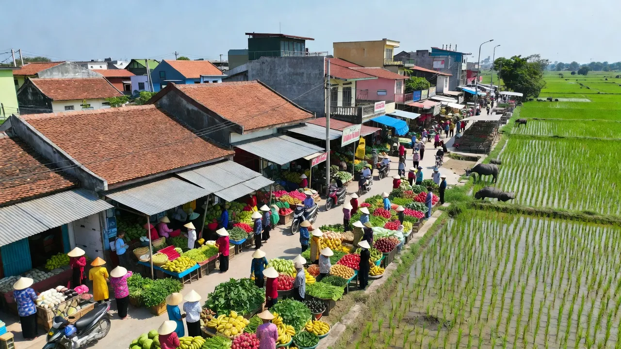 Khung cảnh thị trấn Ninh Cường, huyện Trực Ninh, tỉnh Nam Định với chợ địa phương nhộn nhịp.