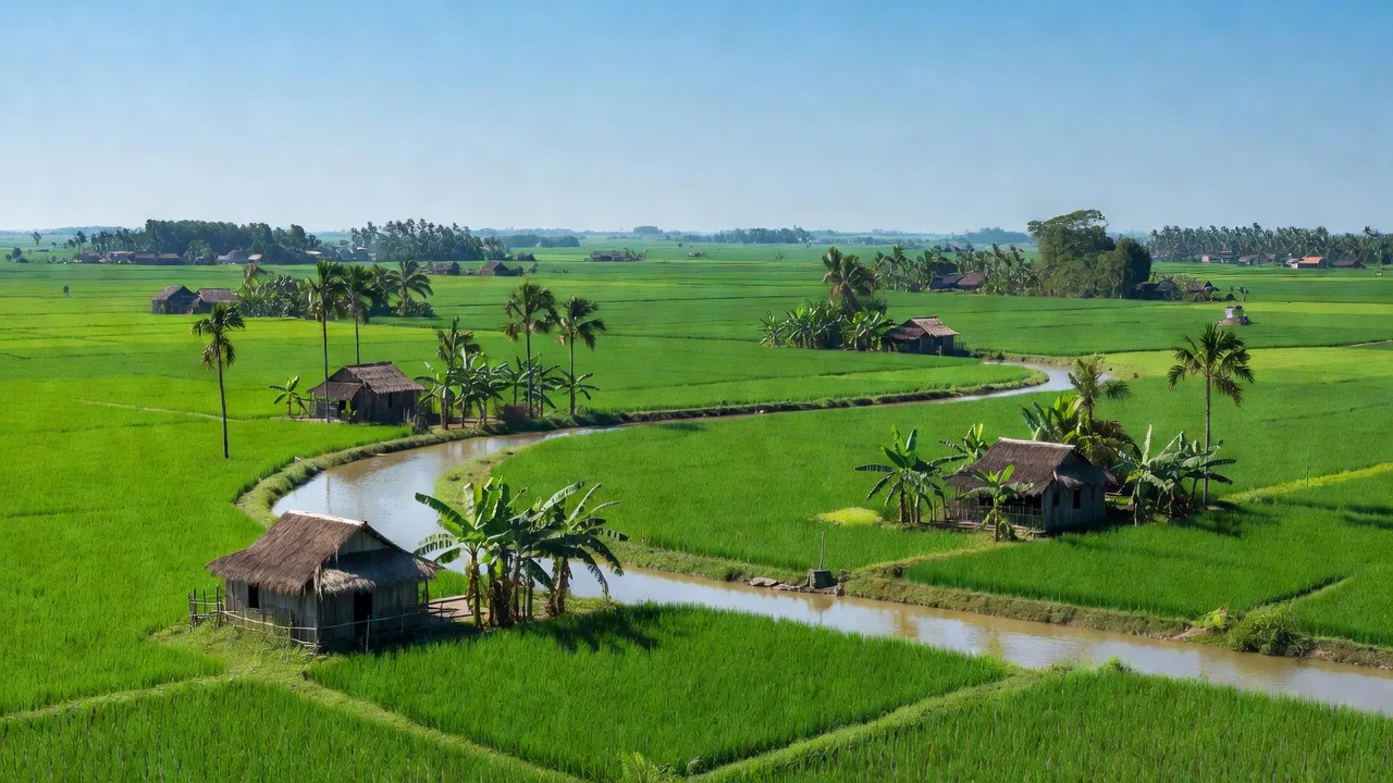 Khung cảnh thanh bình xã Phương Định, huyện Trực Ninh, Nam Định với đồng xanh và sông nước.