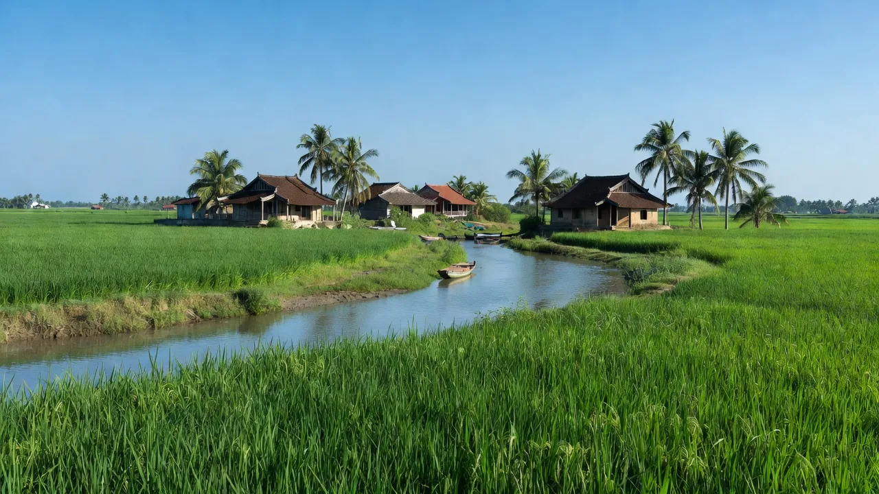 Phong cảnh xã Phương Định, huyện Trực Ninh, Nam Định với cánh đồng xanh và nhà truyền thống.