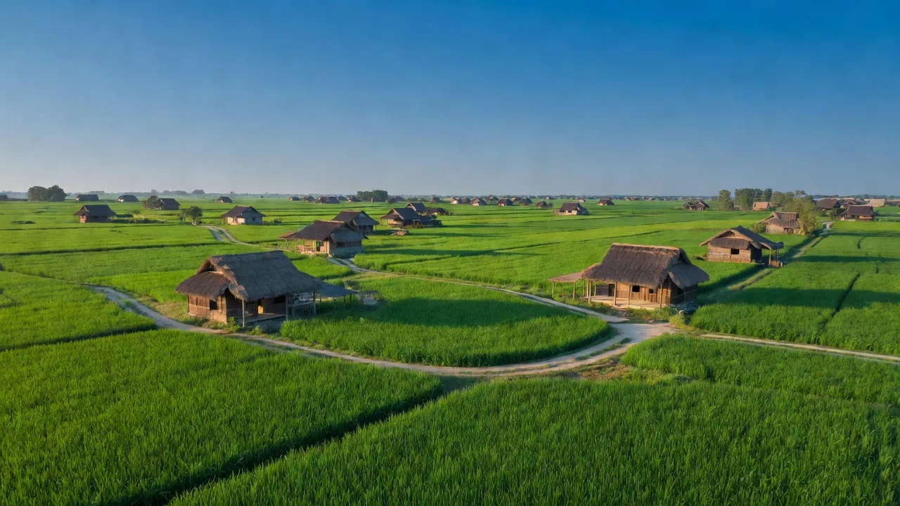 Khung cảnh làng Trực Chính, huyện Trực Ninh, tỉnh Nam Định với đồng lúa xanh mướt và nhà truyền thống.