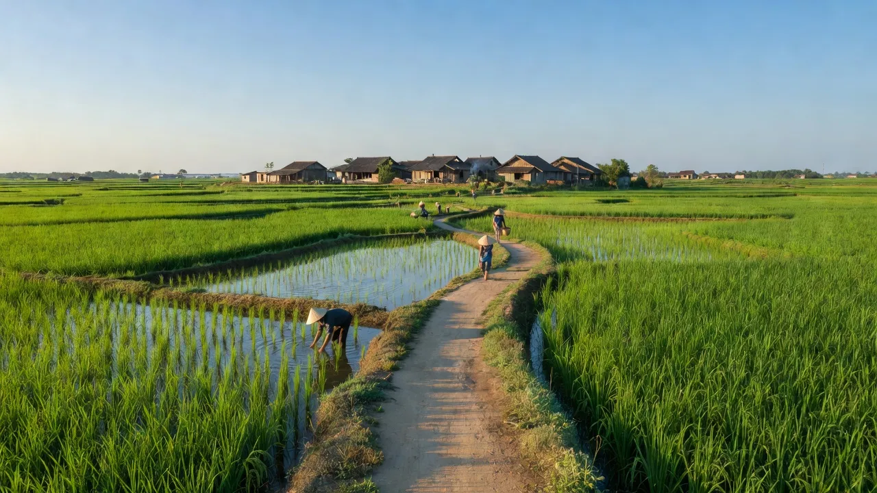 Khung cảnh xã Trực Chính, huyện Trực Ninh, tỉnh Nam Định với đồng lúa xanh tươi và bầu trời trong xanh.