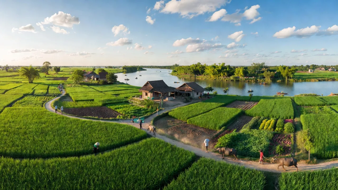 Cảnh sắc đẹp tại xã Trực Đại, huyện Trực Ninh, tỉnh Nam Định với sông Ninh Cơ và cánh đồng xanh.