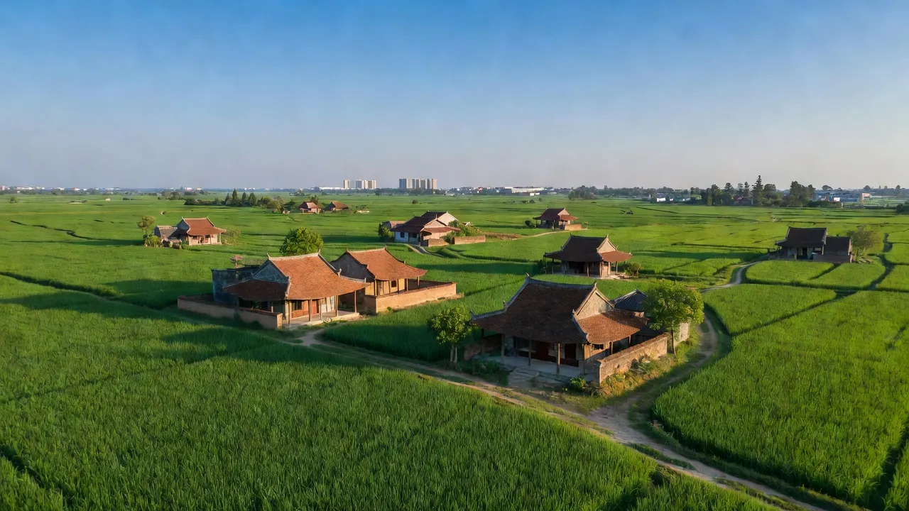 Cảnh đẹp xã Trực Đạo, huyện Trực Ninh, tỉnh Nam Định với nhà truyền thống và đồng xanh.