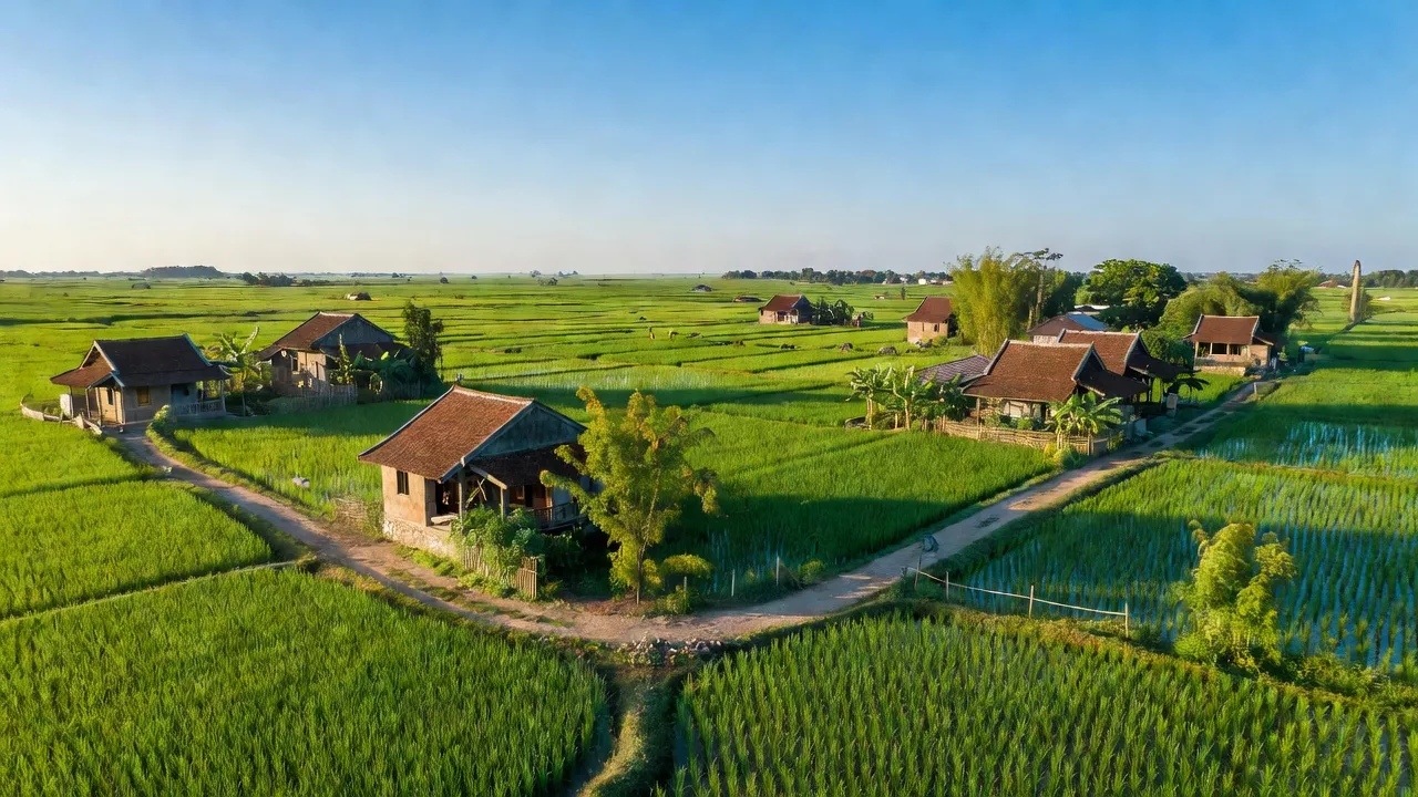 Cảnh đẹp xã Trực Đạo, huyện Trực Ninh, tỉnh Nam Định với ruộng lúa và nhà truyền thống.