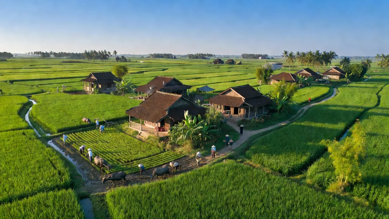 Cảnh đẹp xã Trực Mỹ, huyện Trực Ninh, tỉnh Nam Định với ruộng lúa xanh mướt và nhà truyền thống.