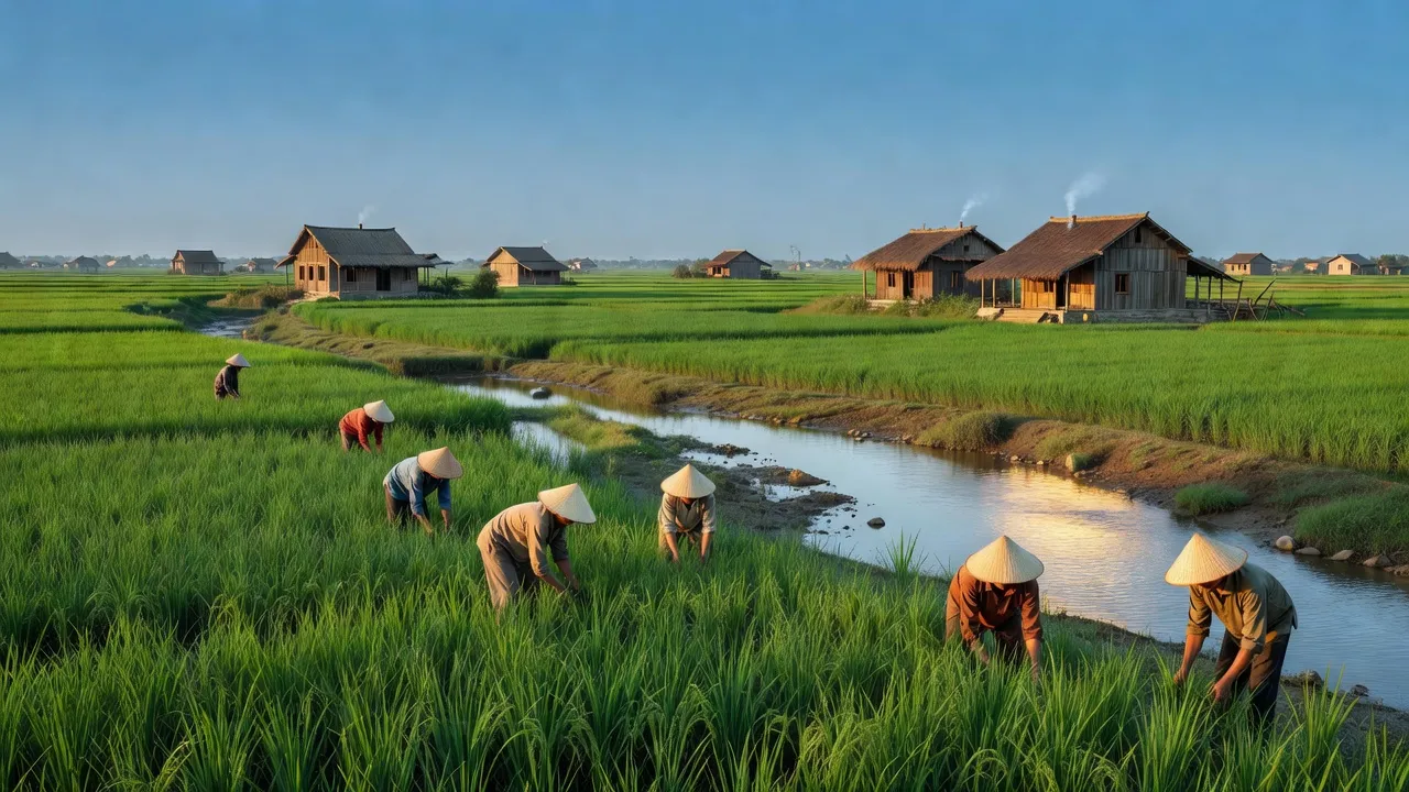 Cảnh đẹp của xã Trực Thái, huyện Trực Ninh, tỉnh Nam Định với đồng xanh và nhà truyền thống.
