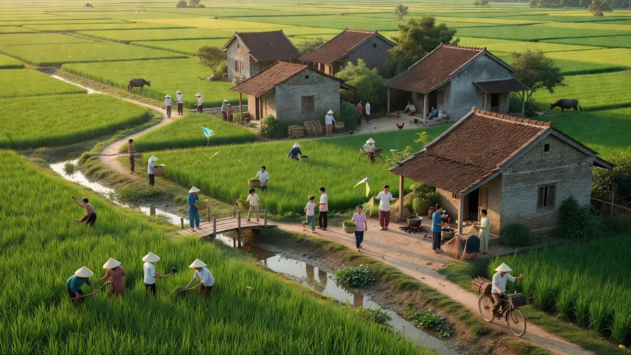 Cảnh quan xã Trực Thái, huyện Trực Ninh, tỉnh Nam Định, với cánh đồng xanh và nhà cửa truyền thống.