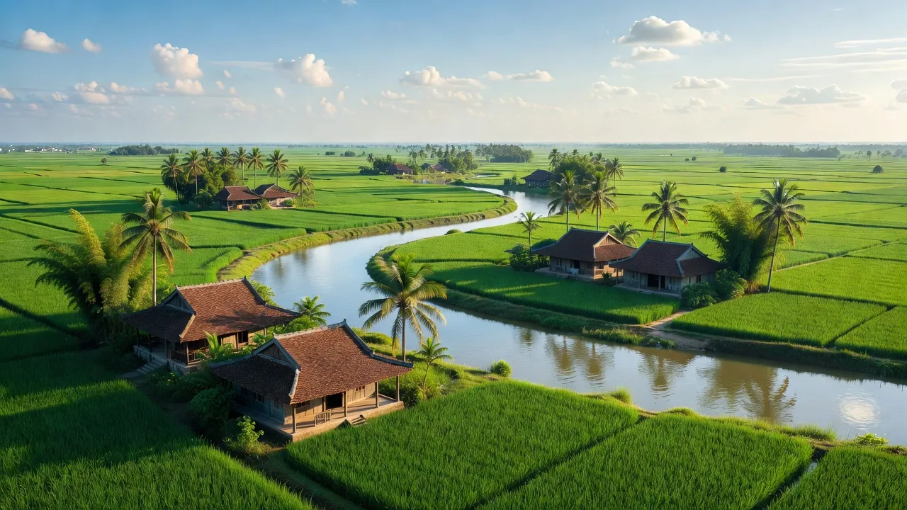 Cảnh quan xanh mướt xã Trực Thắng, huyện Trực Ninh, tỉnh Nam Định, với đồng ruộng và nhà truyền thống.