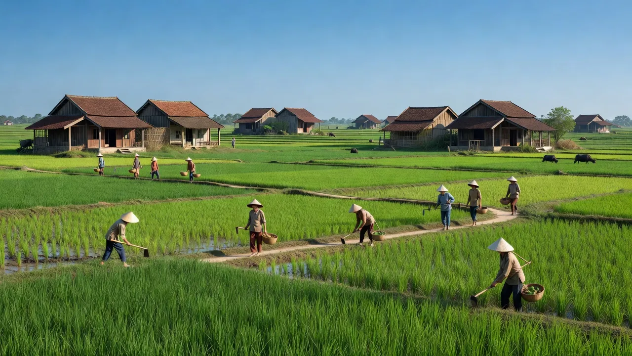 Cảnh đẹp xã Trực Thanh, huyện Trực Ninh, Nam Định với cánh đồng và nhà truyền thống.