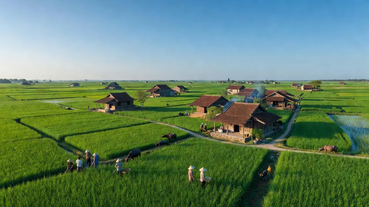 Cảnh quan xã Trực Thanh, huyện Trực Ninh, tỉnh Nam Định với cánh đồng xanh tươi và nhà truyền thống.