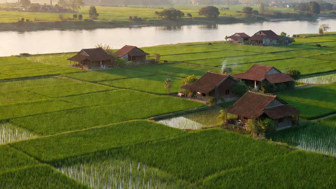 Khung cảnh thanh bình xã Trực Thuận, huyện Trực Ninh, Nam Định với ruộng lúa xanh và nhà truyền thống.