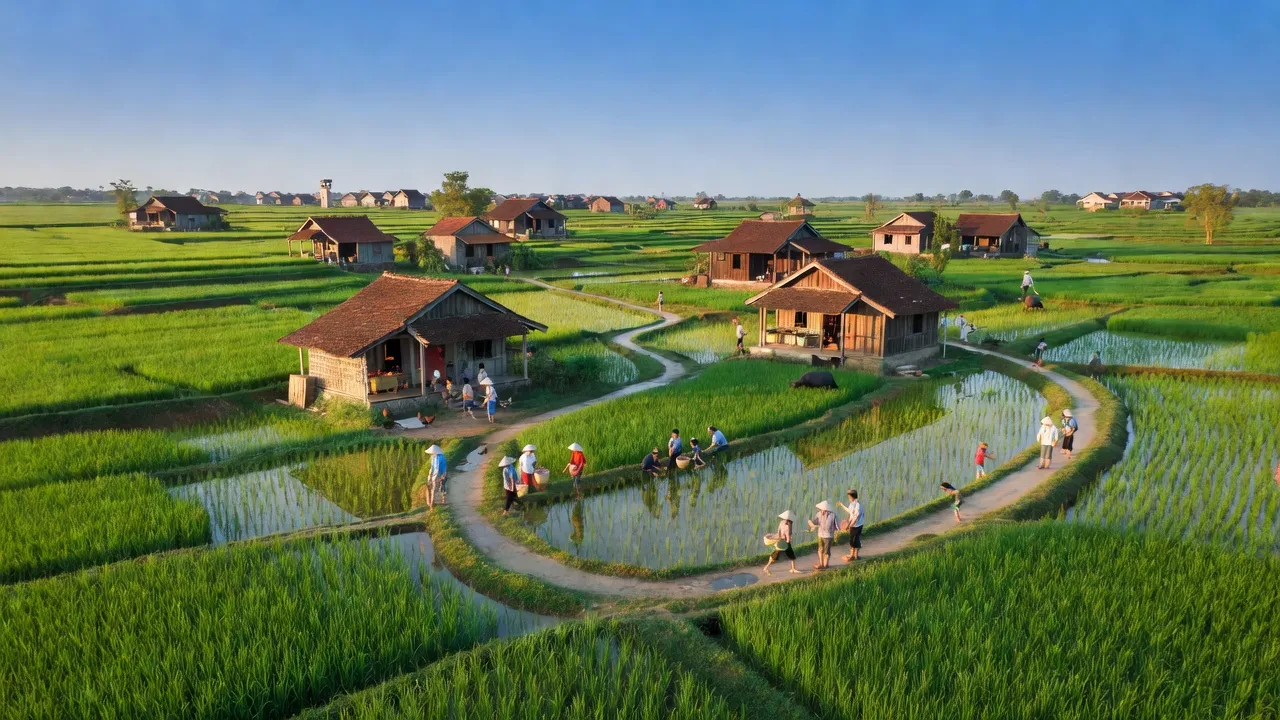 Khung cảnh xã Trực Thuận, huyện Trực Ninh, tỉnh Nam Định với đồng xanh và nhà truyền thống.