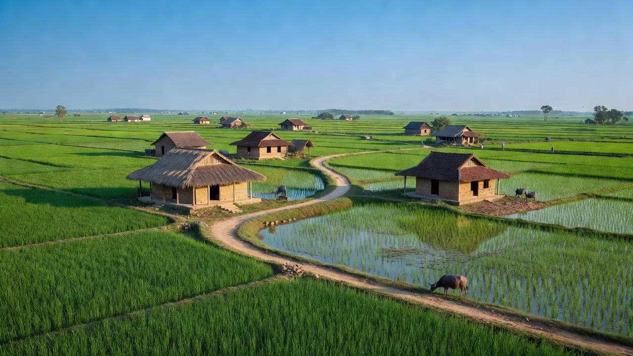 Cảnh đồng quê Xã Trung Đông, Huyện Trực Ninh, Tỉnh Nam Định với ruộng lúa và nhà truyền thống.
