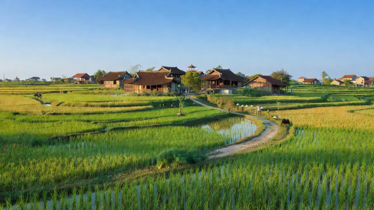 Khung cảnh ngôi làng Việt Hùng, huyện Trực Ninh, tỉnh Nam Định với cánh đồng lúa xanh.