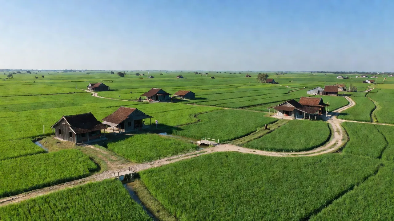 Vụ Bản, Nam Định: Khu vực nông thôn xanh tươi, nhà truyền thống và đồng bằng thấp trũng.