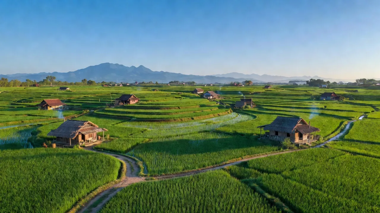 Cảnh quan thanh bình xã Cộng Hòa, huyện Vụ Bản, tỉnh Nam Định với cánh đồng xanh.
