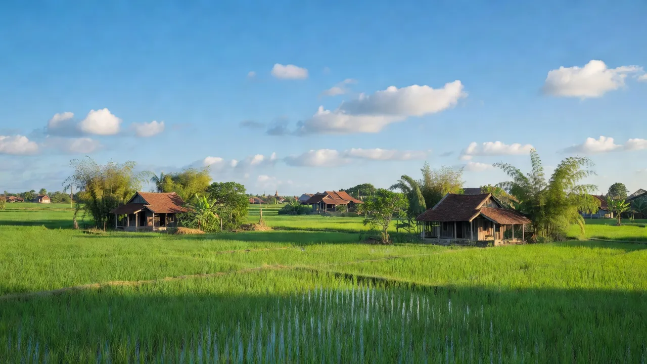Phong cảnh xã Đại An, huyện Vụ Bản, tỉnh Nam Định với cánh đồng xanh và nhà truyền thống.