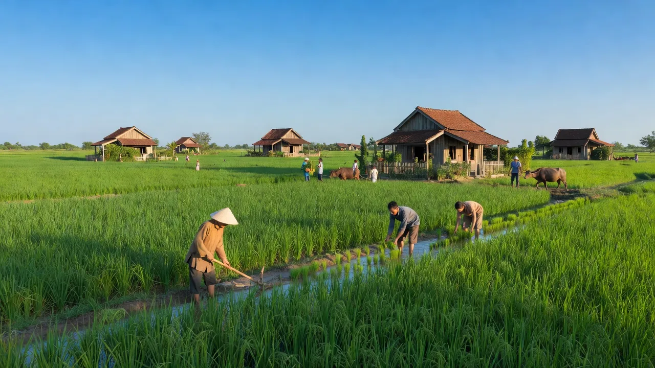 Khung cảnh xã Đại Thắng, huyện Vụ Bản, tỉnh Nam Định với đồng xanh và nhà truyền thống.