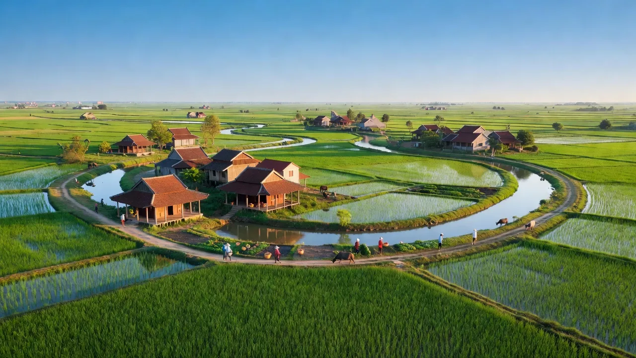 Cảnh đẹp xã Hợp Hưng, huyện Vụ Bản, tỉnh Nam Định với cánh đồng xanh và nhà truyền thống.