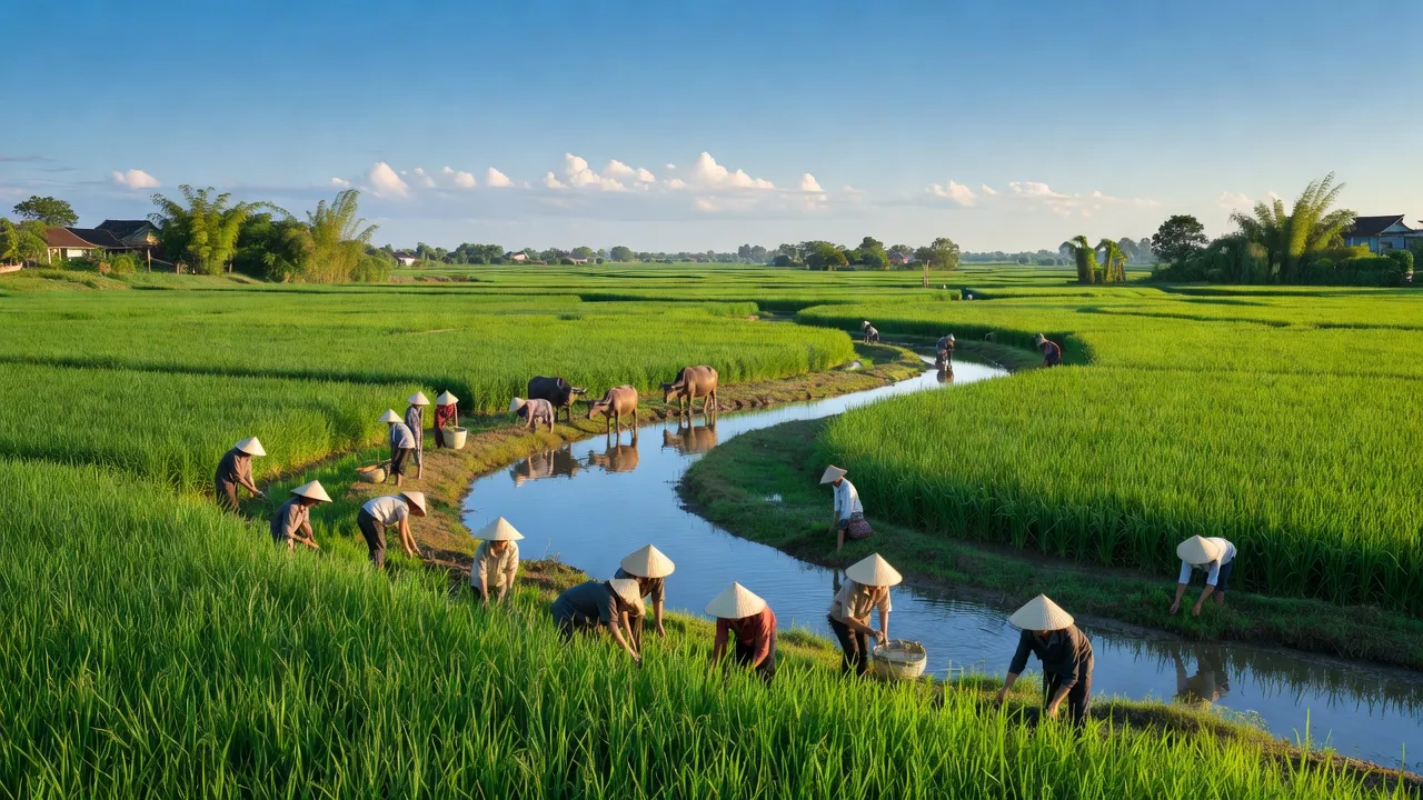 Khung cảnh nông thôn xã Hợp Hưng, huyện Vụ Bản với cánh đồng xanh và trời trong sáng.
