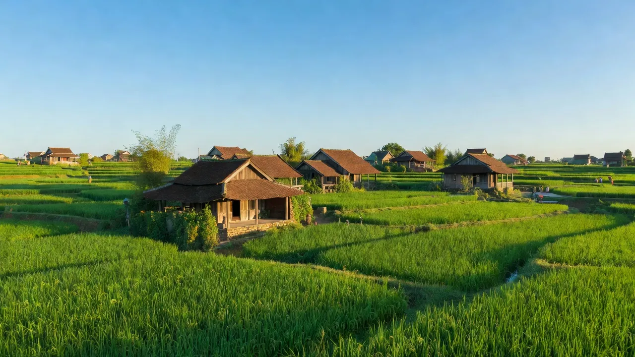 Khung cảnh làng Kim Thái, huyện Vụ Bản, tỉnh Nam Định với cánh đồng xanh và nhà truyền thống.