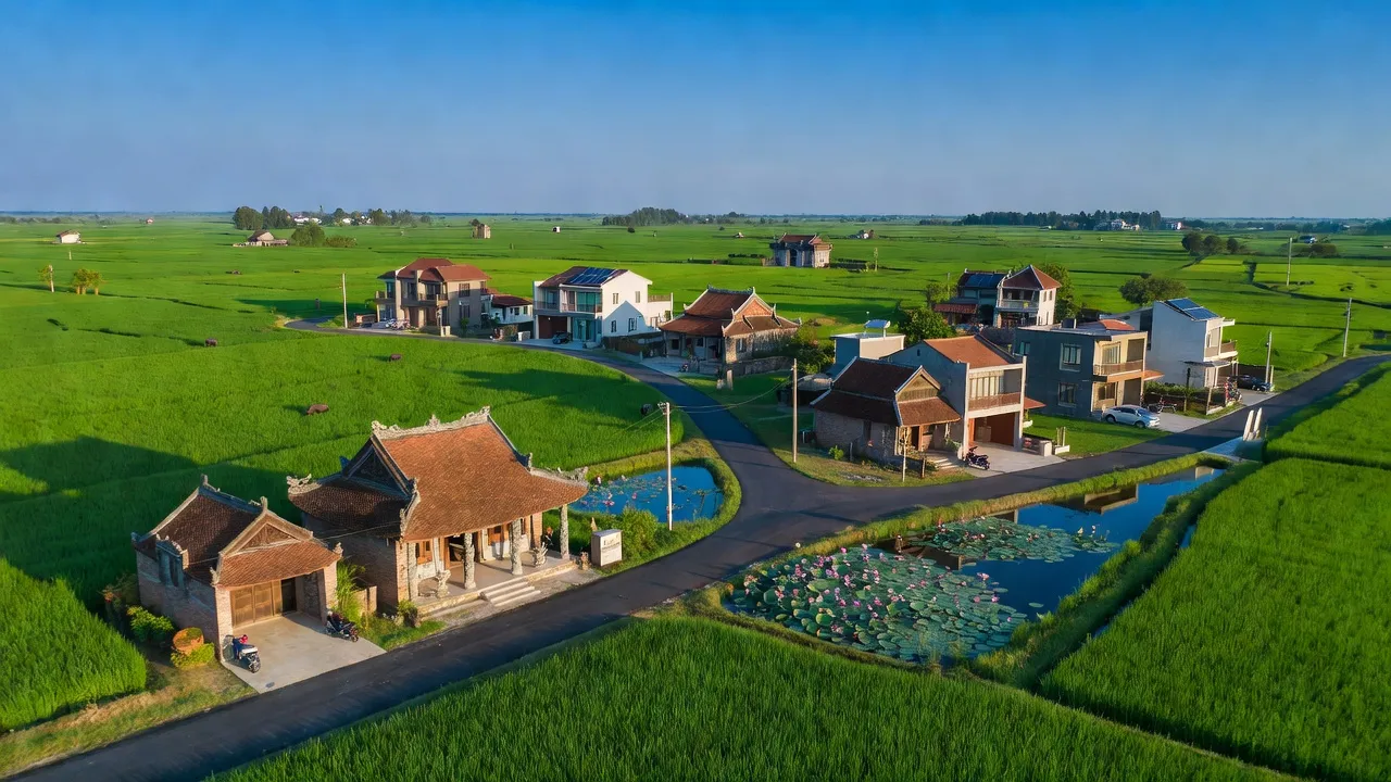 Cảnh đẹp làng Liên Minh, huyện Vụ Bản, Nam Định với phong cảnh xanh tươi và kiến trúc truyền thống.