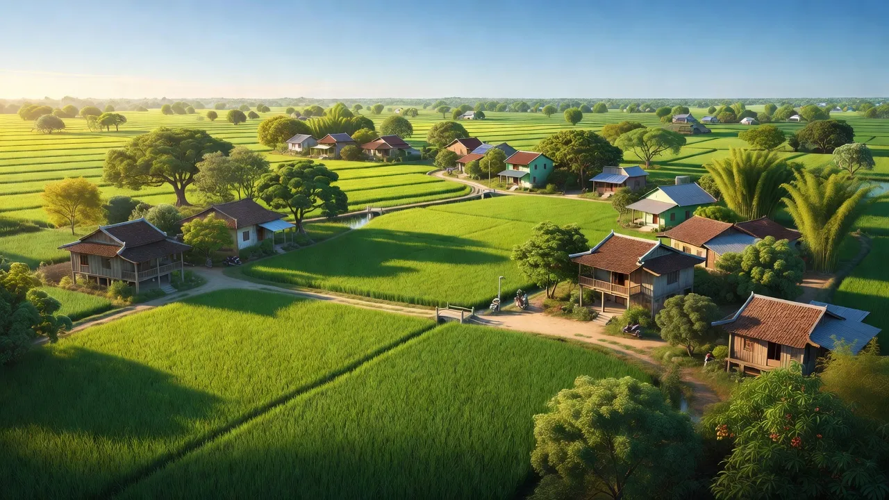 Phong cảnh xã Liên Minh, huyện Vụ Bản, Nam Định, với cánh đồng xanh và bầu trời trong.