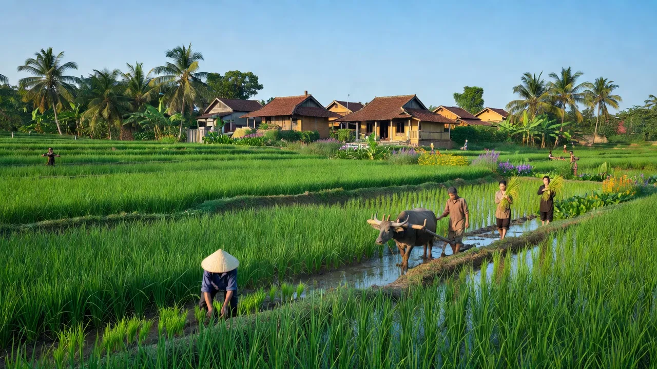 Cảnh sắc xã Minh Tân, huyện Vụ Bản, tỉnh Nam Định với cánh đồng xanh tươi và nhà truyền thống.
