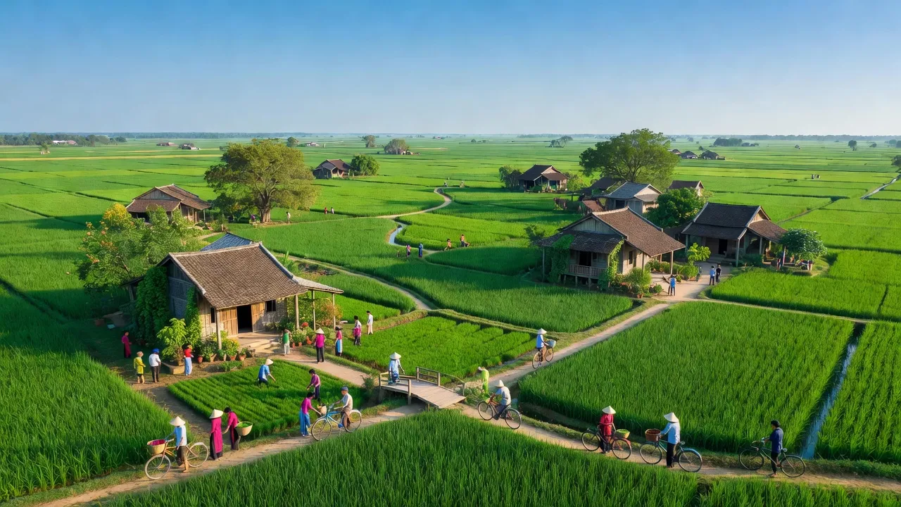 Cảnh đẹp xã Quang Trung huyện Vụ Bản, Nam Định với cánh đồng và nhà truyền thống.
