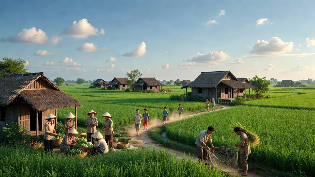 Khung cảnh đồng quê xã Quang Trung, huyện Vụ Bản, tỉnh Nam Định, nhà truyền thống và người dân hoạt động.