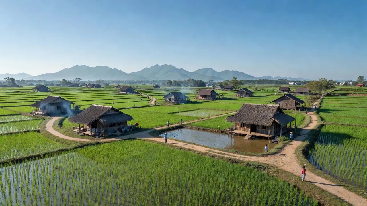 Cảnh đẹp xã Tam Thanh, huyện Vụ Bản, Nam Định với ruộng xanh và nhà truyền thống.
