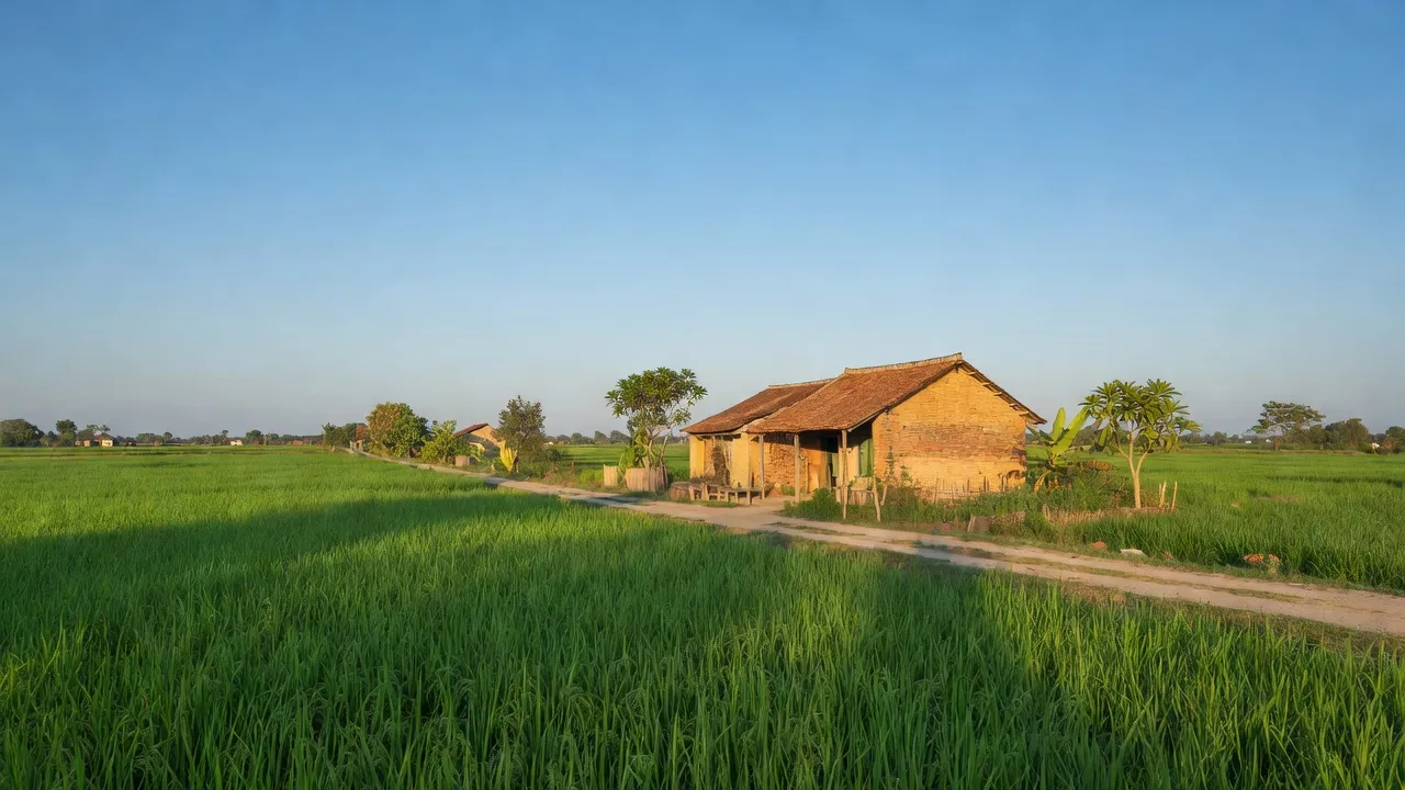 Cảnh quan xã Tam Thanh, huyện Vụ Bản, tỉnh Nam Định với cánh đồng và bầu trời trong xanh.