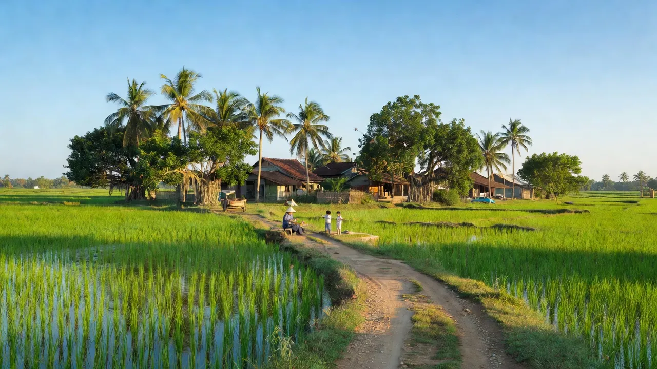 Cảnh nông thôn xã Thành Lợi, huyện Vụ Bản, tỉnh Nam Định với cánh đồng xanh và bầu trời trong.