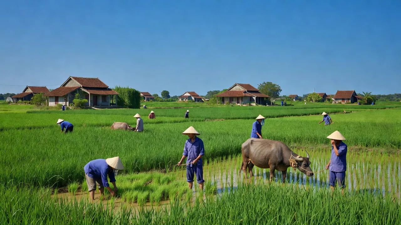 Cảnh quan Xã Thành Lợi, Huyện Vụ Bản, tỉnh Nam Định với ruộng lúa xanh tươi và nhà truyền thống.