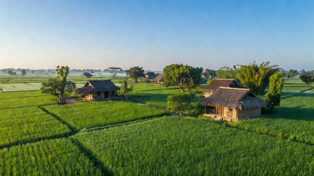 Khung cảnh yên bình xã Trung Thành, huyện Vụ Bản, tỉnh Nam Định với ruộng xanh và nhà truyền thống.