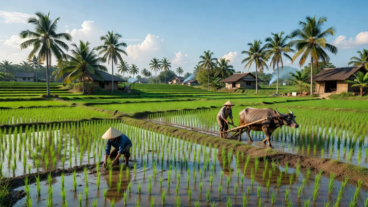 Cảnh đẹp xã Thọ Nghiệp, huyện Xuân Trường, tỉnh Nam Định với cánh đồng và cây cối xanh tươi.