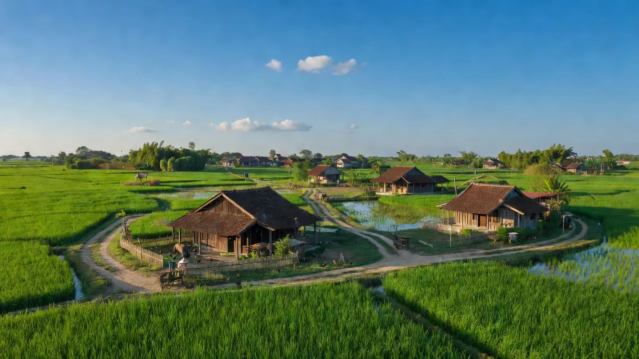 Cảnh quan yên bình xã Thọ Nghiệp, huyện Xuân Trường, tỉnh Nam Định với cánh đồng và nhà truyền thống.