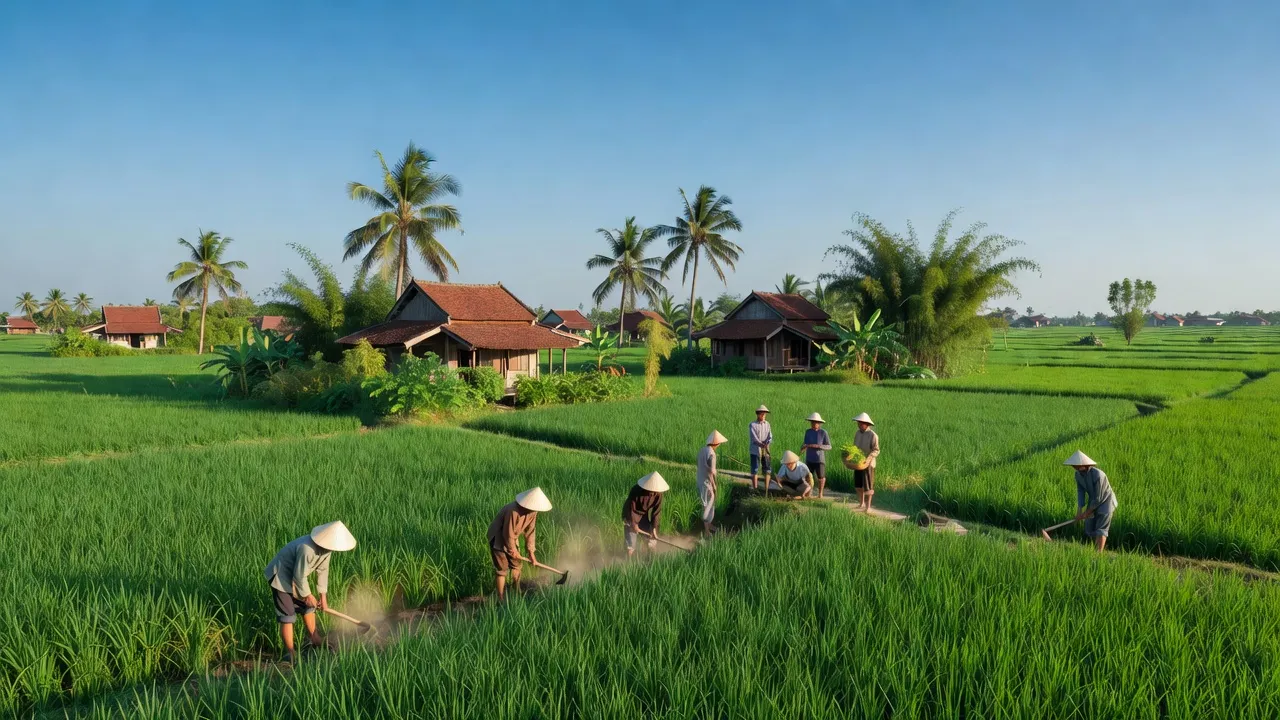Phong cảnh xã Trà Lũ, huyện Xuân Trường, Nam Định với cánh đồng và nhà truyền thống.