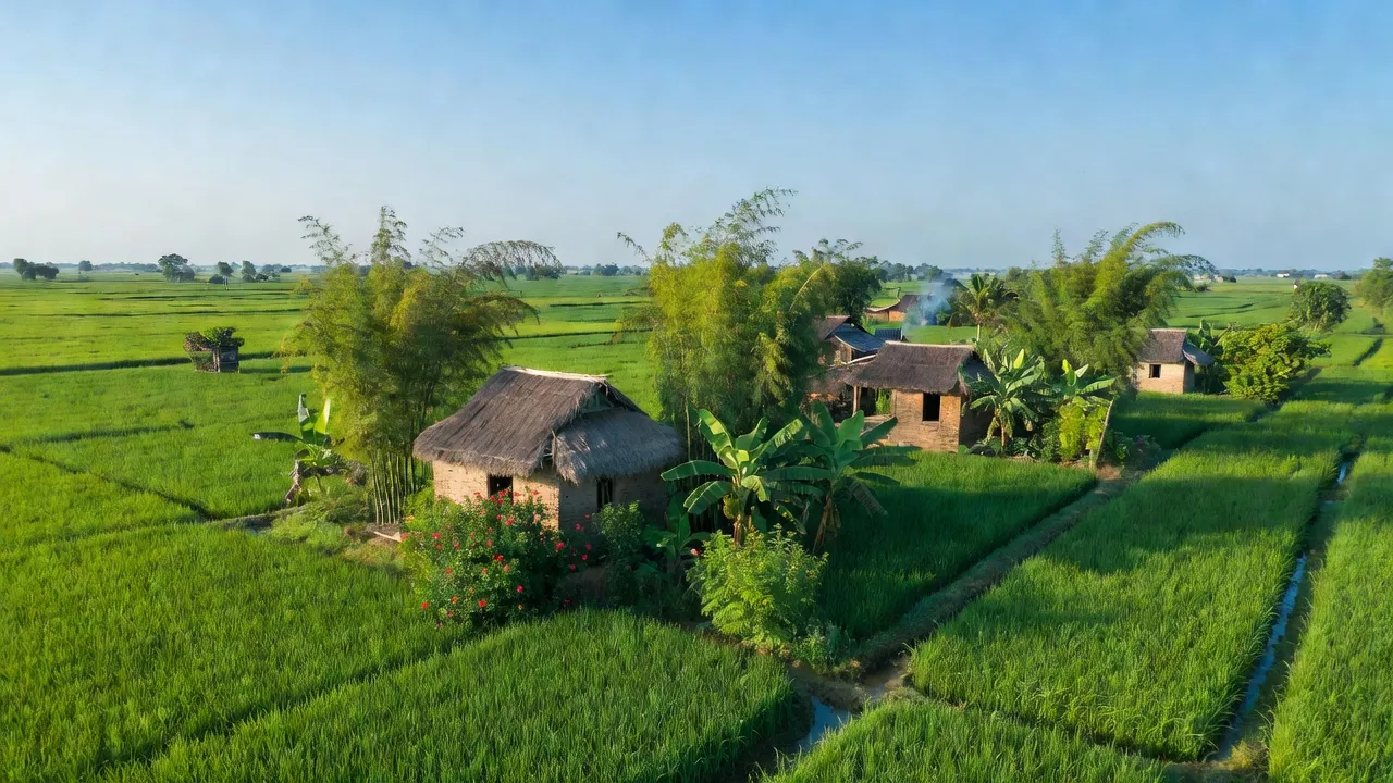 Cảnh đồng quê xã Xuân Châu, huyện Xuân Trường, Nam Định với cánh đồng xanh tươi, bầu trời trong.