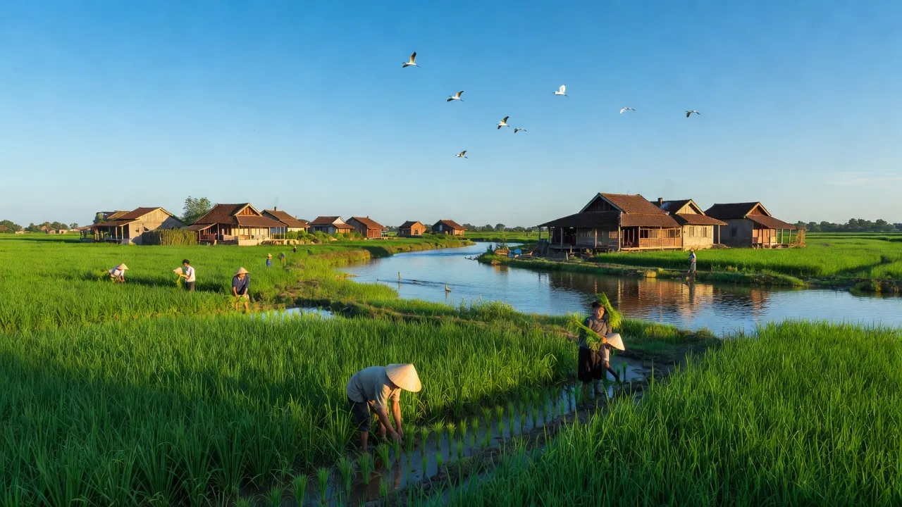 Khung cảnh yên bình ở xã Xuân Châu, huyện Xuân Trường, Nam Định với cánh đồng xanh tươi.