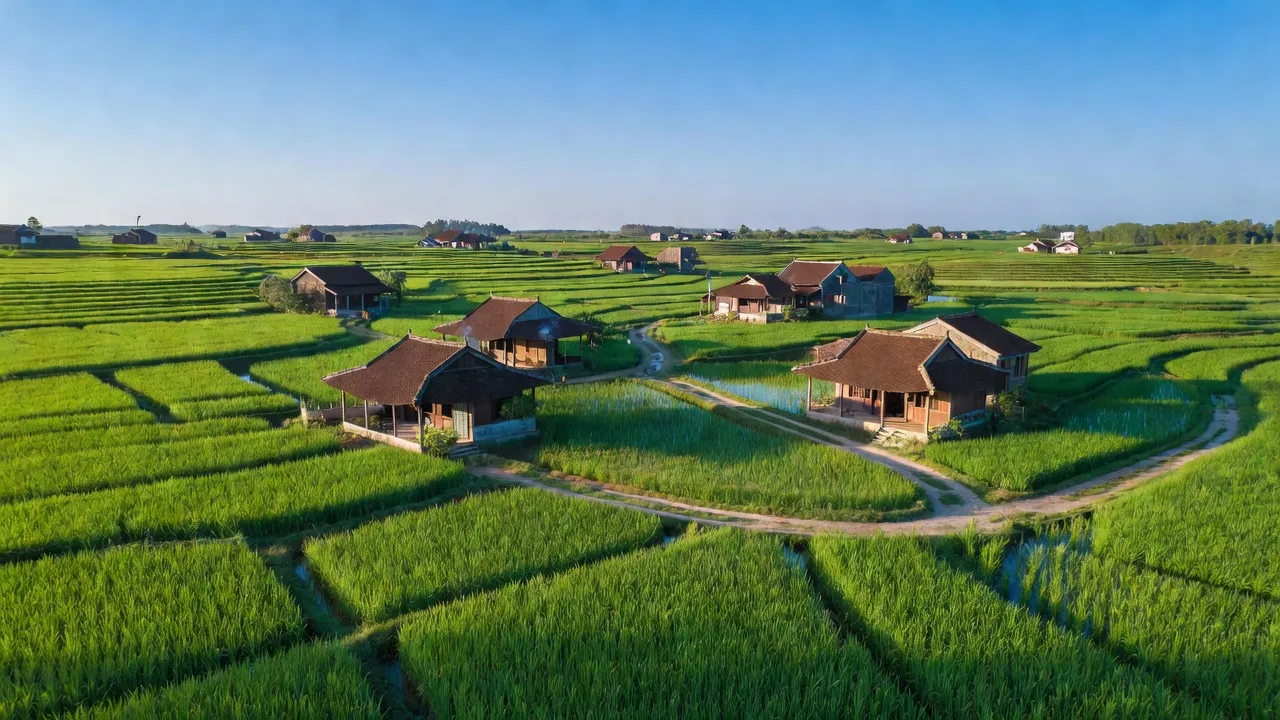 Cảnh đồng quê Xuân Giang, huyện Xuân Trường với cánh đồng lúa và nhà truyền thống Việt Nam.