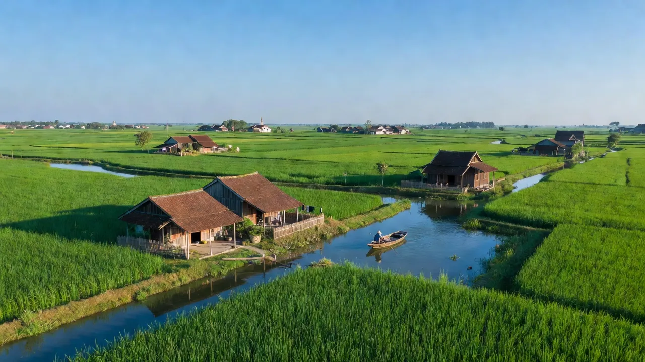 Khung cảnh nông thôn xã Xuân Giang, huyện Xuân Trường, tỉnh Nam Định với cánh đồng xanh và nhà truyền thống.