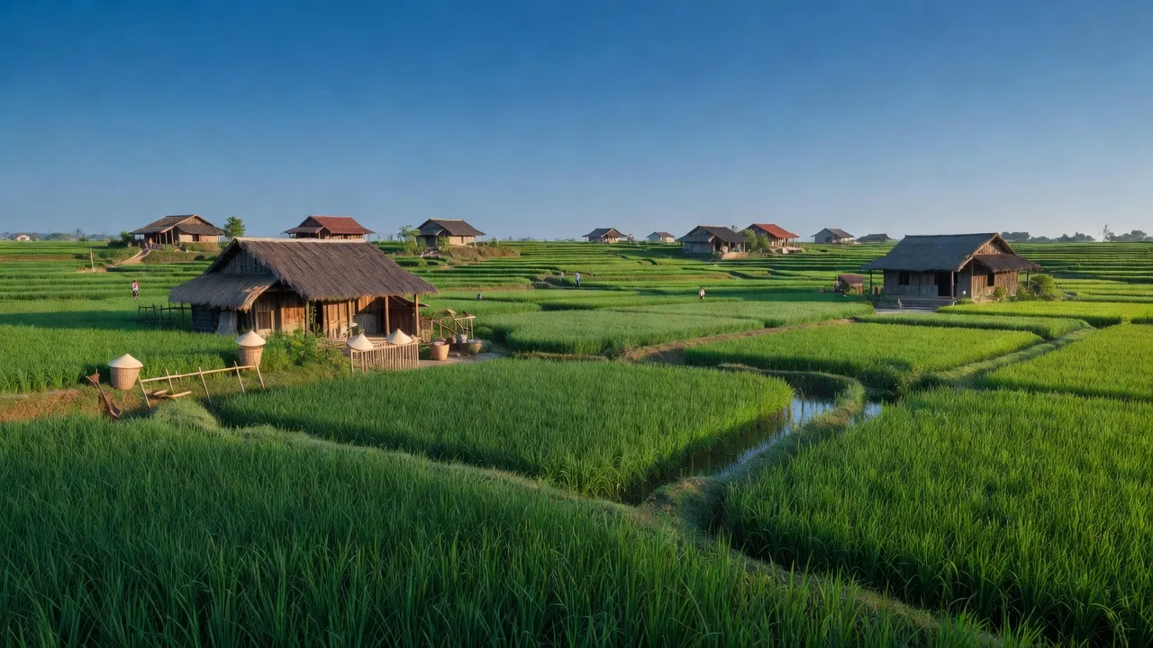 Khung cảnh làng Xuân Hồng, huyện Xuân Trường, tỉnh Nam Định với cánh đồng lúa xanh tươi.