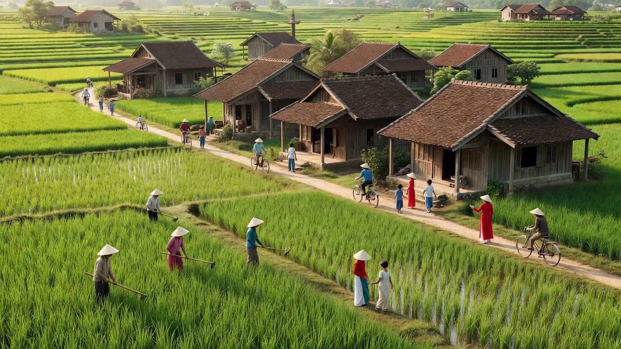 Khung cảnh làng Xuân Hồng, huyện Xuân Trường, tỉnh Nam Định với ruộng lúa và nhà truyền thống.