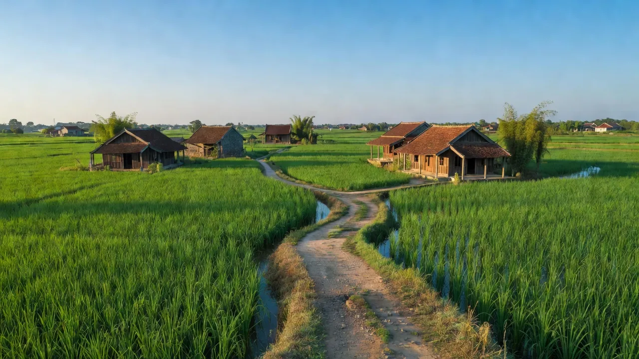 Khung cảnh yên bình ở xã Xuân Ngọc, huyện Xuân Trường, tỉnh Nam Định với đồng lúa xanh tốt.