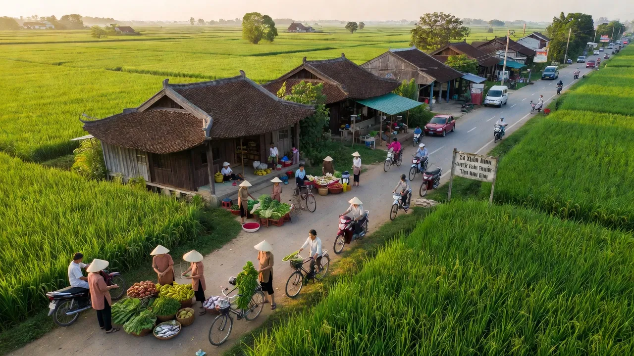 Cảnh sắc xã Xuân Ninh, huyện Xuân Trường, tỉnh Nam Định với cánh đồng và Quốc lộ 21.