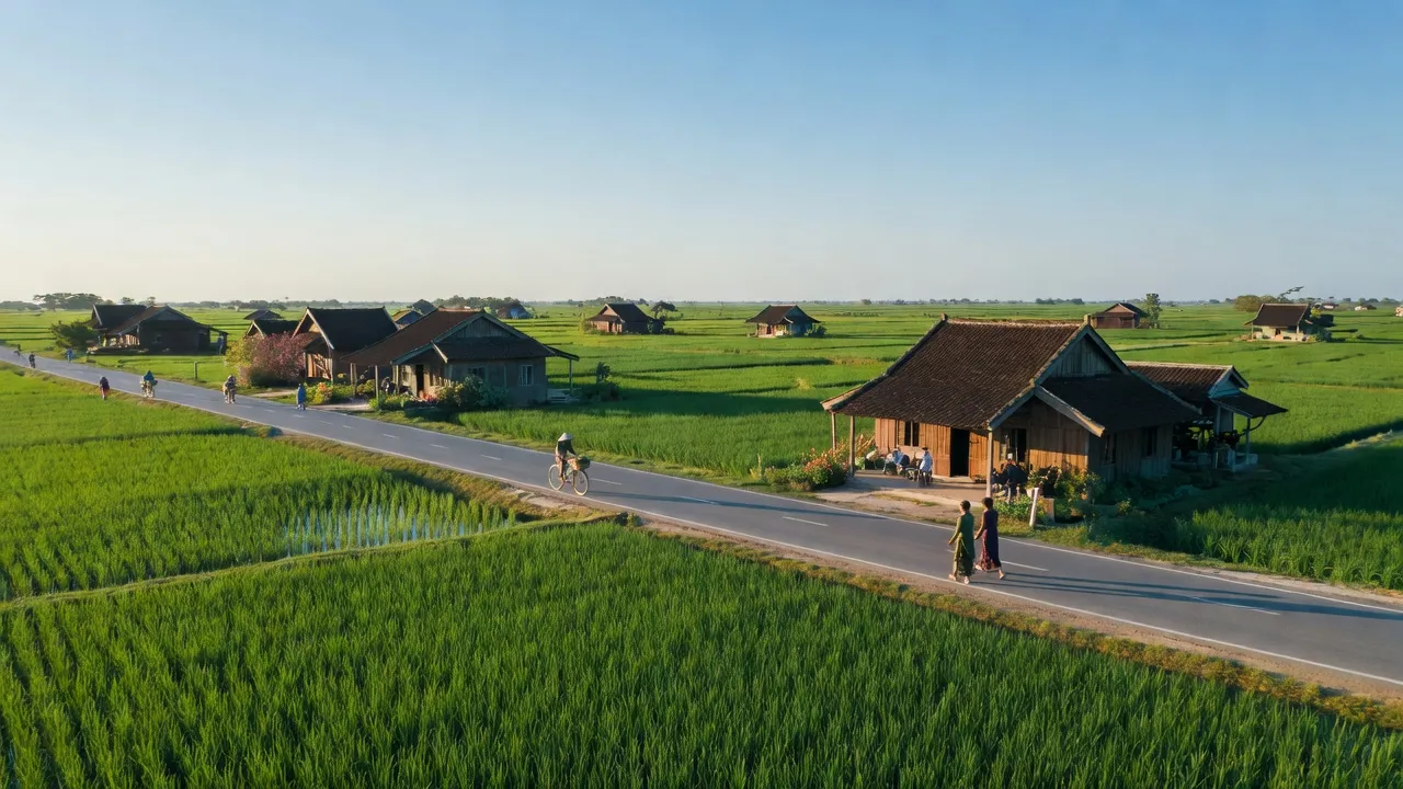 Khung cảnh xã Xuân Ninh, huyện Xuân Trường, tỉnh Nam Định với đồng xanh và nhà truyền thống.
