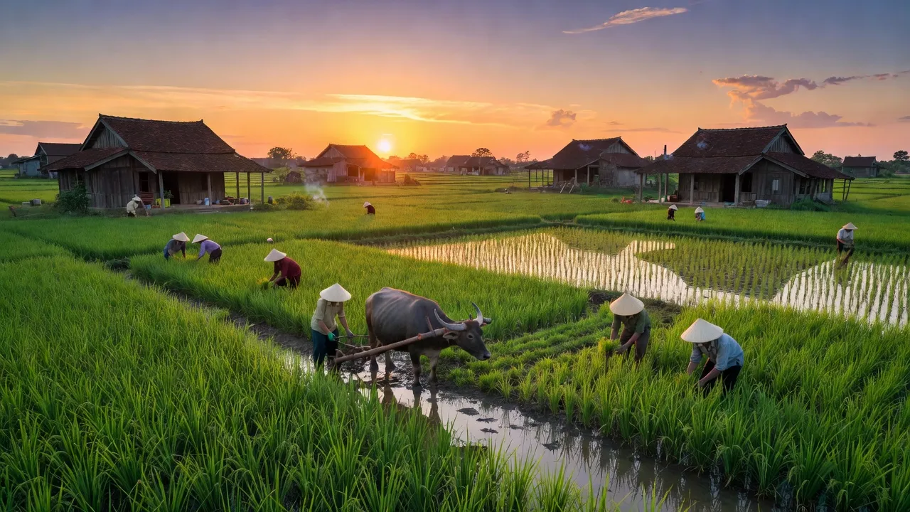 Cảnh đẹp Xuân Phú, huyện Xuân Trường, tỉnh Nam Định với cánh đồng xanh và nhà truyền thống.