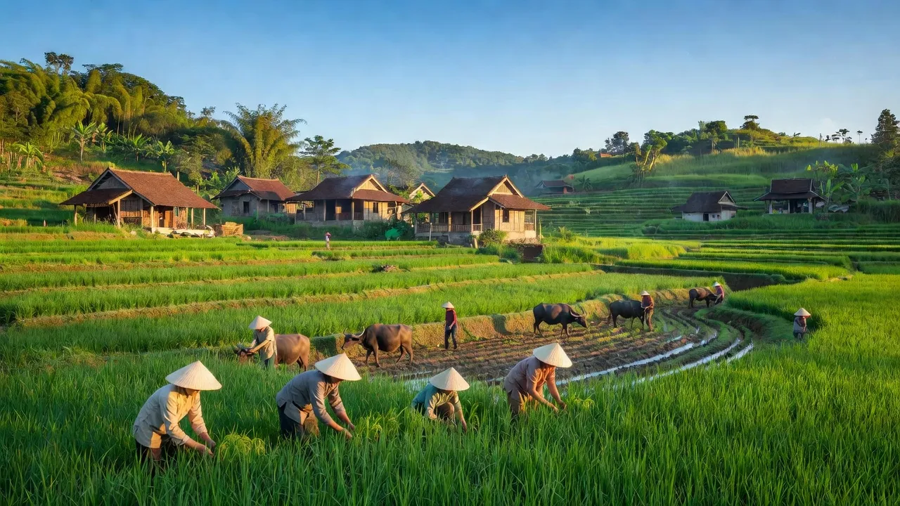 Khung cảnh làng Xuân Phú, huyện Xuân Trường, tỉnh Nam Định với cánh đồng xanh tươi và nhà truyền thống.